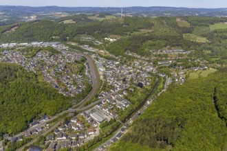 Aerial view, view of Meggen, Lennestadt-Meggen railway station, Rayonex Biomedical GmbH,
