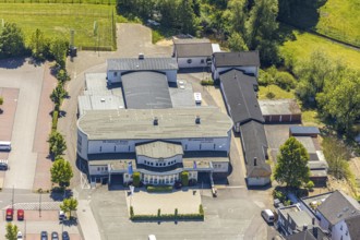 Aerial view, Sauerlandhalle, Altenhundem, Lennestadt, Sauerland, North Rhine-Westphalia, Germany,
