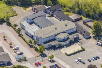 Aerial view, Sauerlandhalle, Altenhundem, Lennestadt, Sauerland, North Rhine-Westphalia, Germany,