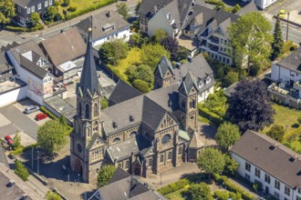 Aerial view, Catholic Church of St. Bartholomew, Meggen, Lennestadt, Sauerland, North
