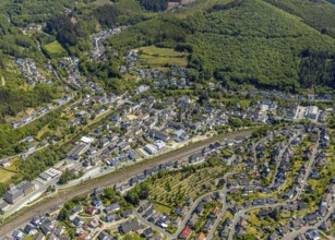 Aerial view, view of Meggen, Lennestadt-Meggen railway station, Rayonex Biomedical GmbH,
