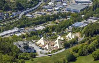 Aerial view, Galileo-Park, Sauerland Pyramids, Mining Museum Siciliaschacht, Lennestadt, Sauerland,