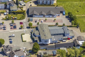 Aerial view, Sauerlandhalle, Altenhundem, Lennestadt, Sauerland, North Rhine-Westphalia, Germany,