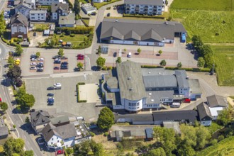 Aerial view, Sauerlandhalle, Altenhundem, Lennestadt, Sauerland, North Rhine-Westphalia, Germany,
