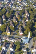 Aerial view, Kopernikusweg terraced housing estate, Leibnizstraße, Catholic Church St. Pius,