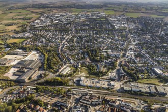 Aerial view, view of Lippstadt south, main railway station, Konrad-Adenauer-Ring, Catholic Church