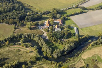 Aerial view, nature reserve Lippeaue, river Lippe, estate Göttinger Straße, farm, Liesborn,