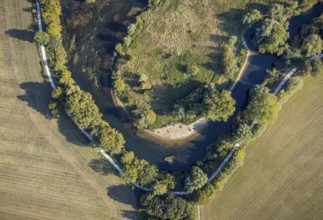 Aerial view, river Lippe, Lippe lido, Lippe floodplain west, Hagedornsweg, Lippstadt, district