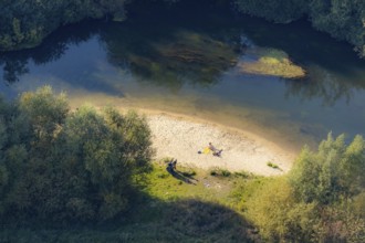 Aerial view, river Lippe, Lippe lido, Lippe floodplain west, Hagedornsweg, Lippstadt, district