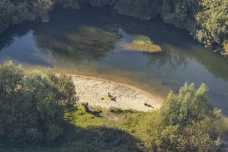 Aerial view, river Lippe, Lippe lido, Lippe floodplain west, Hagedornsweg, Lippstadt, district