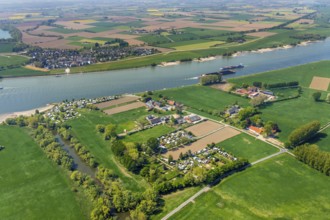 Aerial view, camping site Grietherort, river Rhine, view to Grieth, Rees, Lower Rhine, North