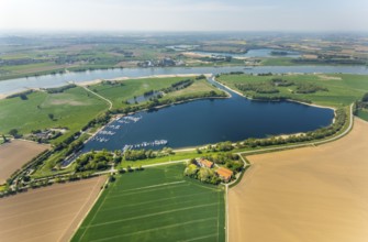 Aerial view, Mahnensee with marina, river Rhine, Rees, Lower Rhine, North Rhine-Westphalia,