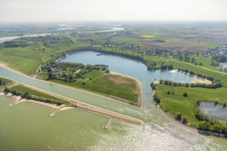 Aerial view, river Rhine, sports harbour Obermörmter, Reeser Schanz landscape conservation area,