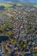 Aerial view, town hall Schermbeck, Weseler Straße, town view, Schermbeck, Ruhr area, North