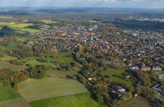 Aerial view, town view, town hall Schermbeck, Weseler Straße, Schermbeck, Ruhr area, North
