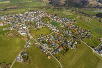 Aerial view, St. Clemens Catholic Church, Kallenhardt, Rüthen, Sauerland, North Rhine-Westphalia,
