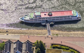 Aerial view, excursion boat pier Rees, Rhine promenade, Rees, Lower Rhine, North Rhine-Westphalia,