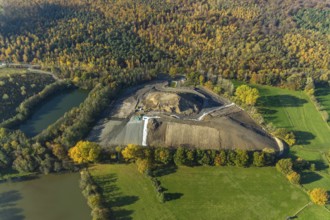 Aerial view, nature reserve Steinbach, slag heap and pond, Gahlen, Schermbeck, Ruhr area, North