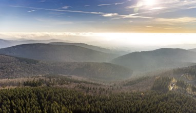 Aerial view, forest hilly landscape in fog, Rimberg, Fredeburg, Schmallenberg, Sauerland, North
