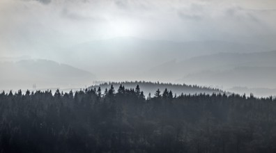 Aerial view, forest hilly landscape in fog, Rimberg, Fredeburg, Schmallenberg, Sauerland, North
