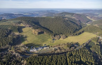 Aerial view, Hotel Rimberg, forest area, wind turbines, Osterwald, Schmallenberg, Sauerland, North