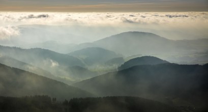 Aerial view, fog in hilly landscape, Oberkirchen, Schmallenberg, Sauerland, North Rhine-Westphalia,