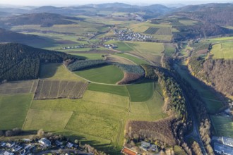 Aerial view, meadows and forest pattern near Bödefeld, Westernbödefeld, Schmallenberg, Sauerland,