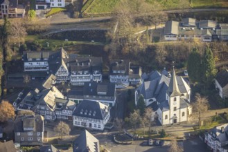 Aerial view, catholic church St. Cosmas and Damian, Landhotel Albers, half-timbered houses,