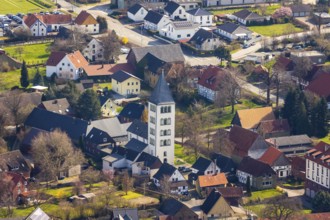 Aerial view, protestant church St. Andreas, Ostönnen, Soest, Soester Börde, North Rhine-Westphalia,