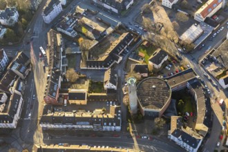 Aerial view, city centre view, catholic church Propstei St. Marien, Schwelm, Ruhr area, North