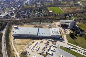 Aerial view, industrial estate northwest, construction site new building logistics hall