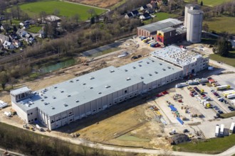 Aerial view, industrial estate northwest, construction site new building logistics hall