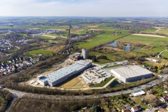 Aerial view, industrial estate northwest, construction site new building logistics hall