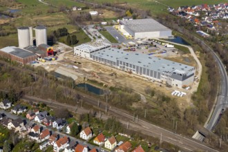 Aerial view, industrial estate northwest, construction site new building logistics hall