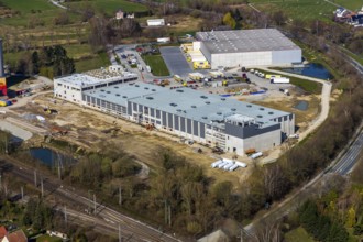 Aerial view, industrial estate northwest, construction site new building logistics hall