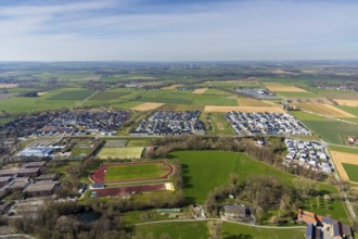 Aerial view, residential area settlement Ardeyweg, sports facility at the school centre, AquaFun