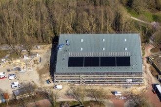 Aerial view, construction site, new sports hall at Börde-Berufskolleg, Soest, Soester Börde, North