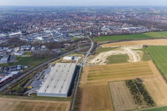 Aerial view, Also Actebis logistics centre, Opmünder Weg, building site on Opmünder Weg, Soest,