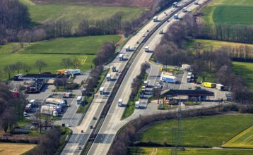 Aerial view, motorway A44, motorway service area Soester Börde, Müllingsen, Soest, Soester Börde,