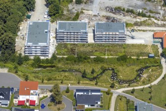 Aerial view, three residential buildings at the renaturalised Soestbach, former outdoor swimming
