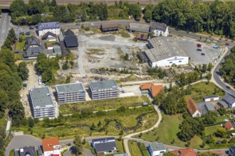 Aerial view, three residential buildings at the renaturalised Soestbach, former outdoor swimming