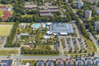 Aerial view, adventure pool, Aqua Spa and Aqua Fun Soest, outdoor pool, bathers, Soest, Soester