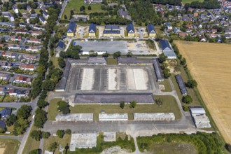 Aerial view, former Kanaal van Wessem barracks, military chapel being restored, Hiddinser Weg,