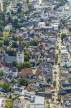 Aerial view, pedestrian zone, city centre, market place, old town hall, catholic church St.