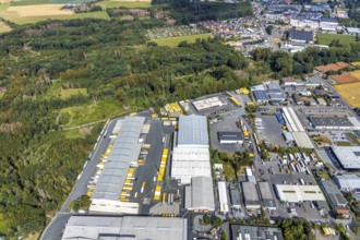 Aerial view, Meisenweg industrial estate, DHL Freight GmbH, Menden, Sauerland, Märkischer Kreis,