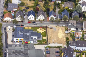 Aerial view, construction site, new kindergarten Farbenland, Bachstraße, Menden, Sauerland,