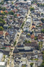 Aerial view, pedestrian zone, city centre, market place, old town hall, Menden, Sauerland,
