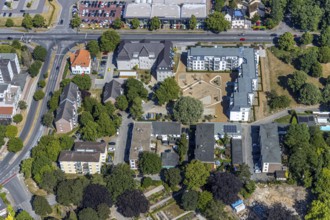 Aerial photo, new building, social housing, Rheinberger Straße, Utfort, Mörs, Ruhr area, North