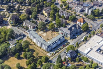 Aerial photo, new building, social housing, Rheinberger Straße, Utfort, Mörs, Ruhr area, North