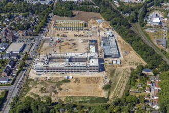 Aerial view, new building EDEKA administration building food retail beverage market, car park,